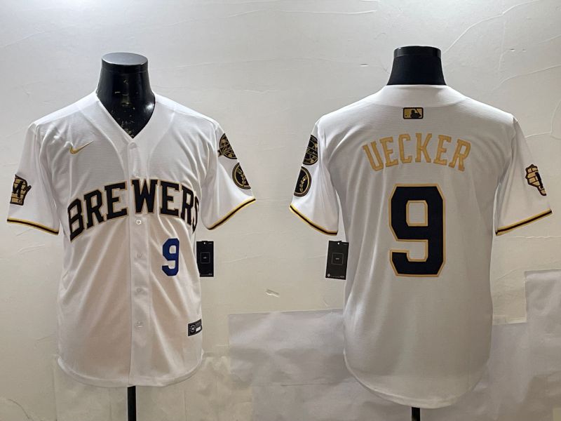 Men Milwaukee Brewers #9 Uecker White Gold Game 2025 Nike MLB Jersey style 3